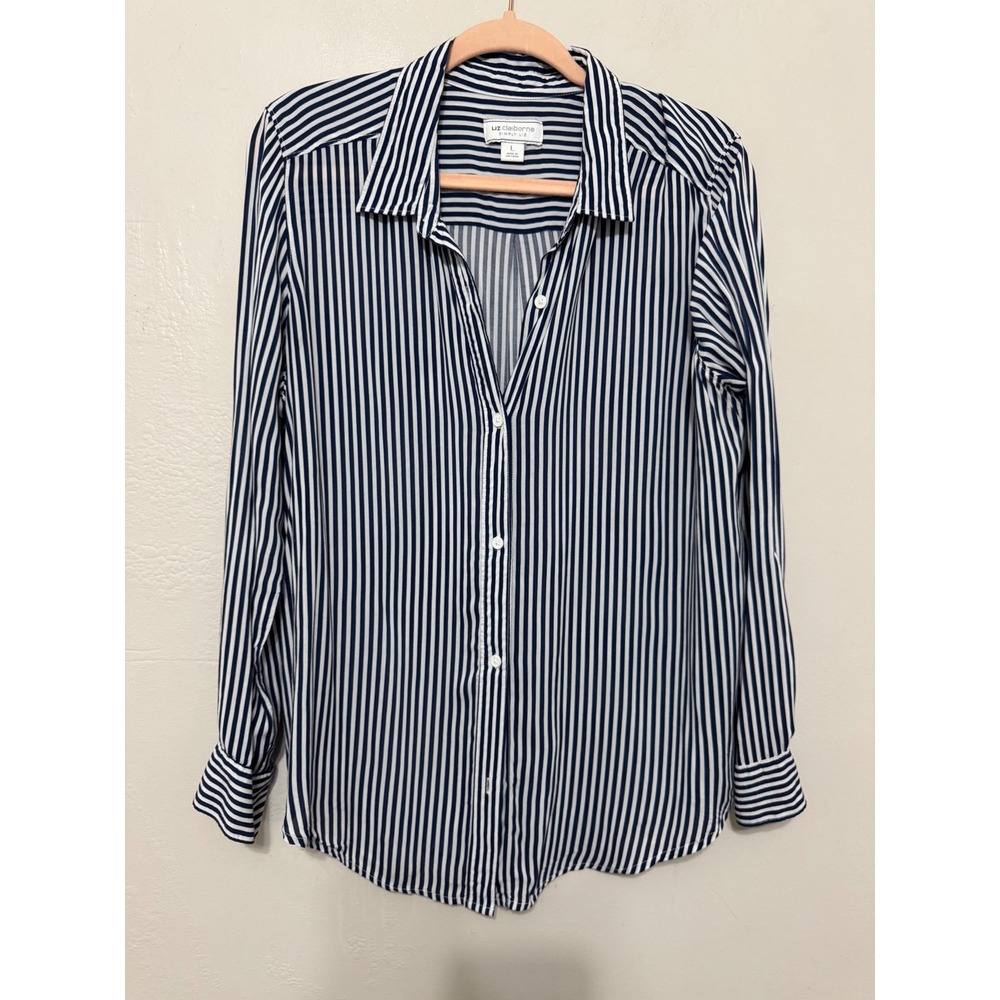Liz Claiborne Simply Liz Navy White Striped Button Down Nautical Shirt Rayon L